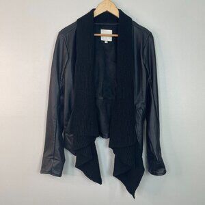 Thread & Supply Jacket Medium Black Faux Leather Knit Shawl Collar Open-Front